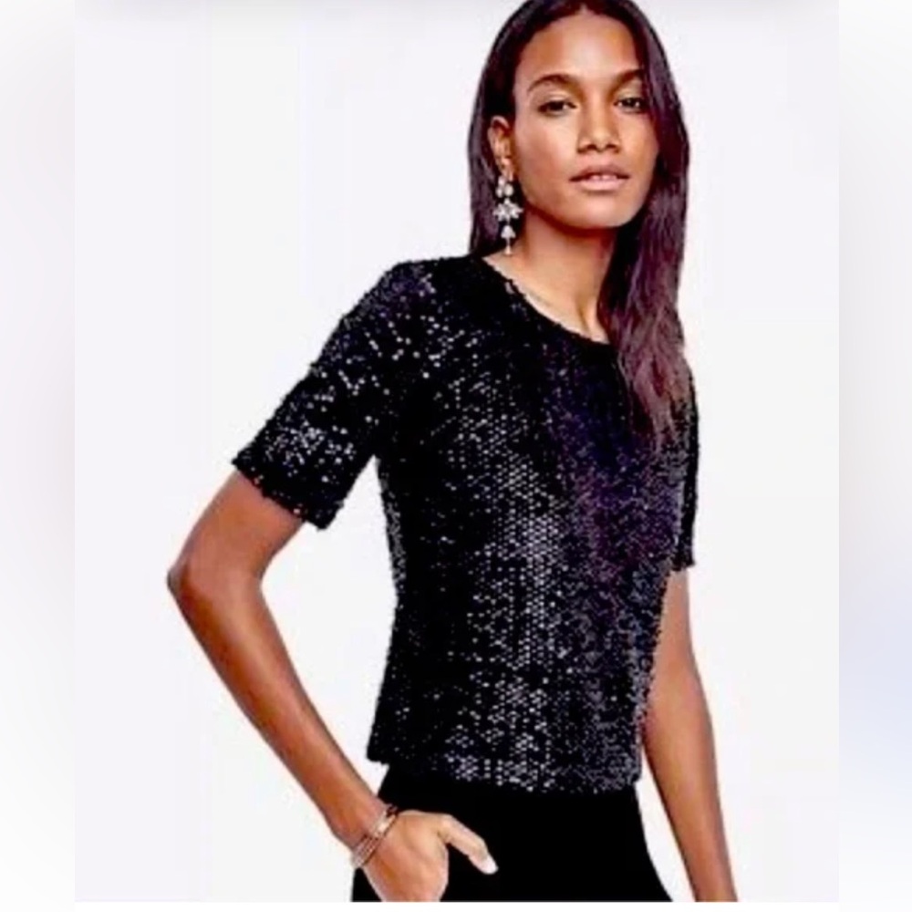 Ann Taylor Black‎ Sequin Fitted Short Sleeve Top- worn once. 119 retail